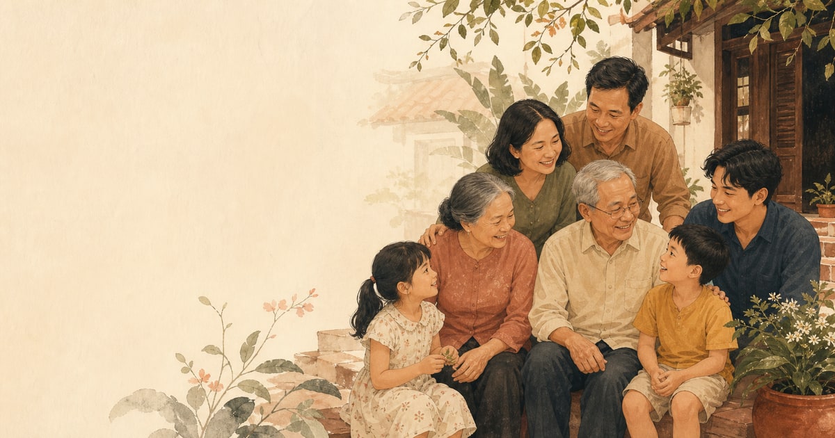 Gia đình Việt nhiều thế hệ quây quần trong sân nhà